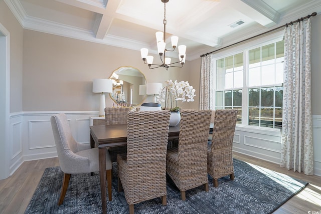 4035 Bucolic Loop, Myrtle Beach, SC 29588 - dining area featuring a chandelier, coffered ceiling, wood finished floors, a decorative wall, and crown molding