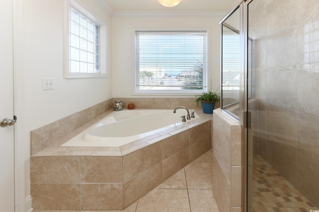 225-B Dogwood Dr N, Murrells Inlet, SC 29576 - bathroom with tile patterned floors, a bath, a stall shower, and ornamental molding