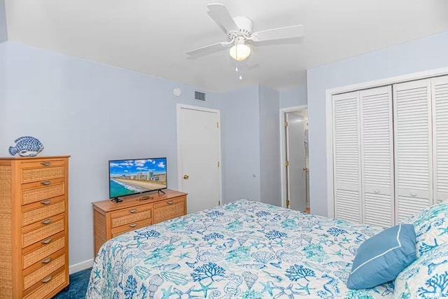 bedroom with a ceiling fan, a closet, visible vents, and dark carpet