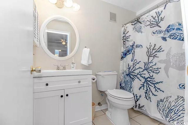 bathroom with visible vents, baseboards, toilet, tile patterned flooring, and vanity