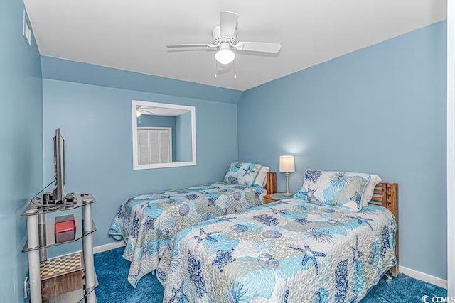 carpeted bedroom featuring a ceiling fan, vaulted ceiling, and baseboards