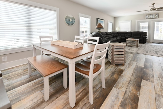 dining room featuring plenty of natural light, baseboards, a ceiling fan, and wood-type flooring