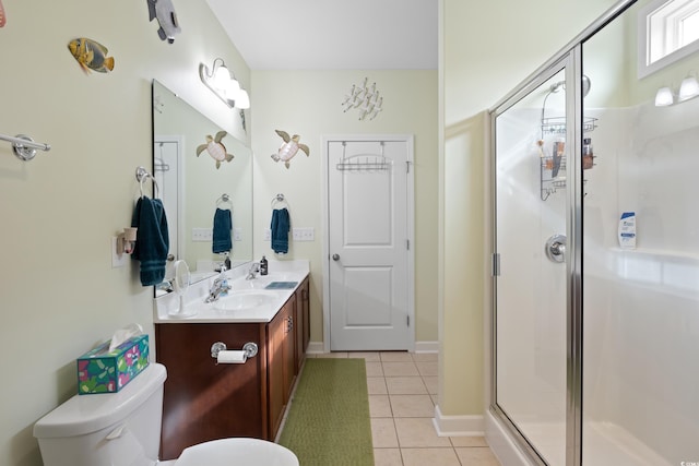 full bath featuring tile patterned floors, a stall shower, toilet, and double vanity