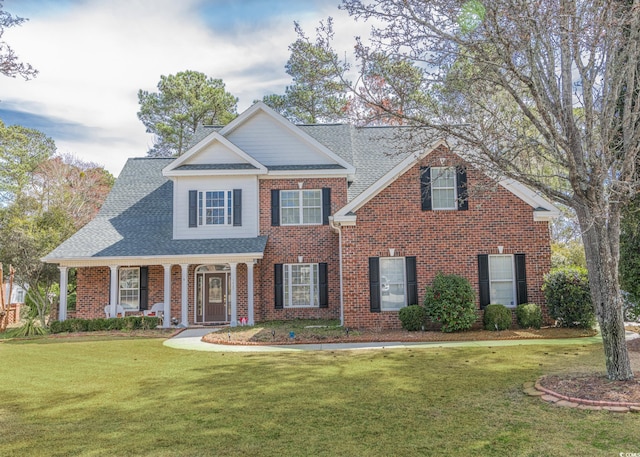 view of front of home featuring covered porch, brick siding, a front lawn, and roof with shingles