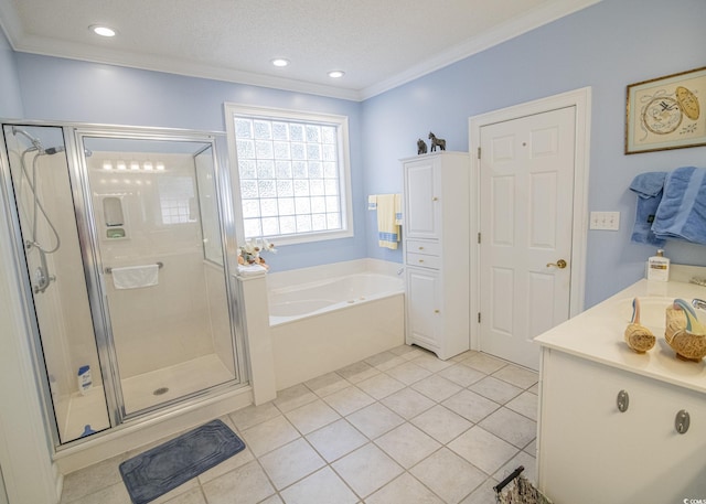 bathroom featuring tile patterned floors, a shower stall, and a bath