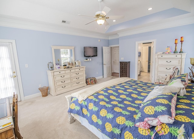 carpeted bedroom featuring visible vents, a raised ceiling, baseboards, ornamental molding, and recessed lighting