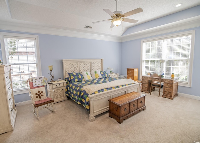 bedroom featuring light colored carpet, crown molding, visible vents, and baseboards