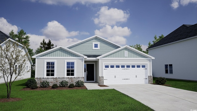 view of front of home featuring board and batten siding, a front yard, driveway, stone siding, and an attached garage