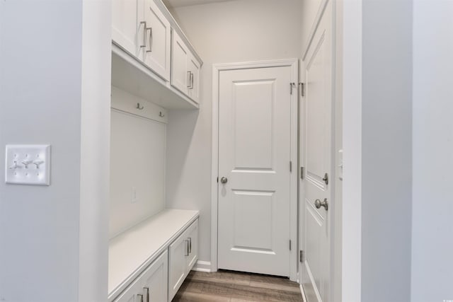 mudroom with dark wood-style floors