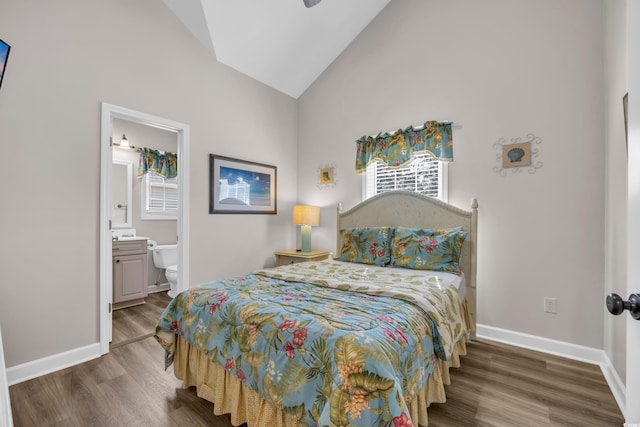 6001-MH69B S Kings Hwy, Myrtle Beach, SC 29575 - bedroom with wood finished floors, baseboards, high vaulted ceiling, and connected bathroom
