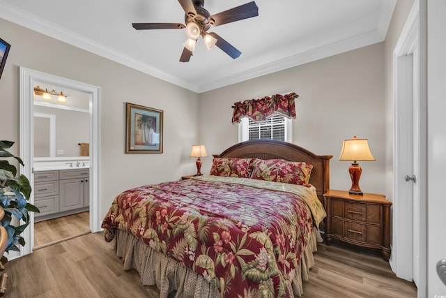 6001-MH69B S Kings Hwy, Myrtle Beach, SC 29575 - bedroom with light wood-style floors, crown molding, ensuite bath, a sink, and ceiling fan