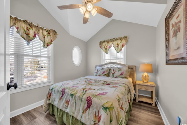 6001-MH69B S Kings Hwy, Myrtle Beach, SC 29575 - bedroom with vaulted ceiling, wood finished floors, baseboards, and a ceiling fan