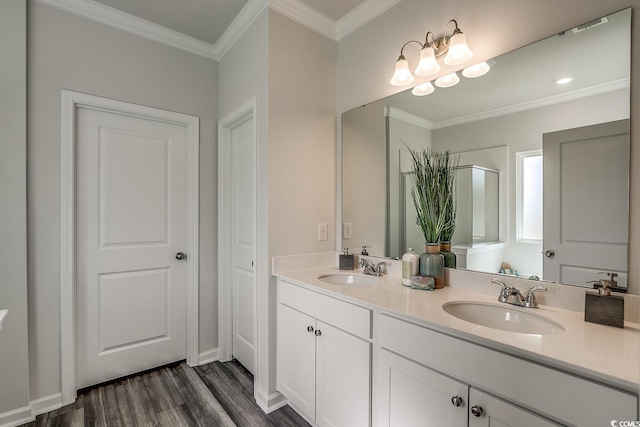 bathroom featuring double vanity, wood finished floors, crown molding, and a sink