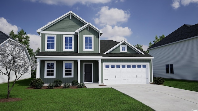 view of front facade featuring an attached garage, board and batten siding, concrete driveway, and a front yard