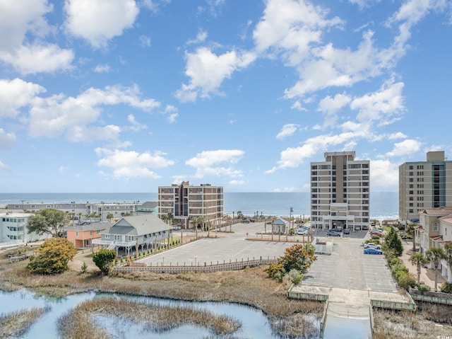 drone / aerial view with a water view