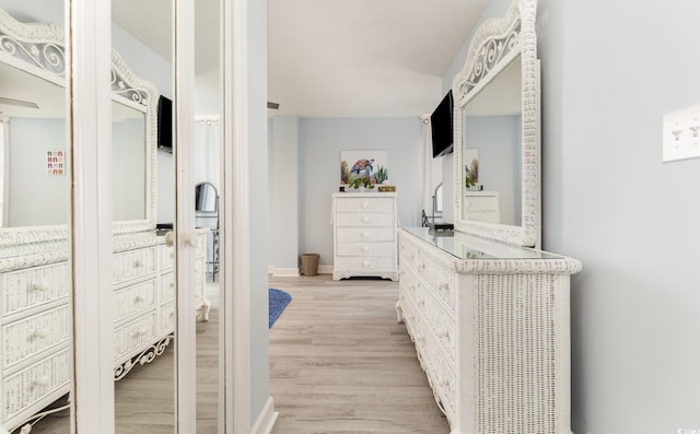 walk in closet with light wood finished floors