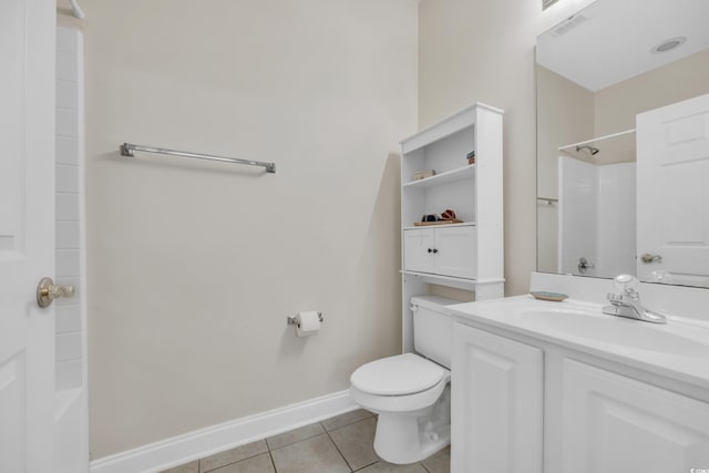 full bath with tile patterned flooring, visible vents, baseboards, toilet, and vanity