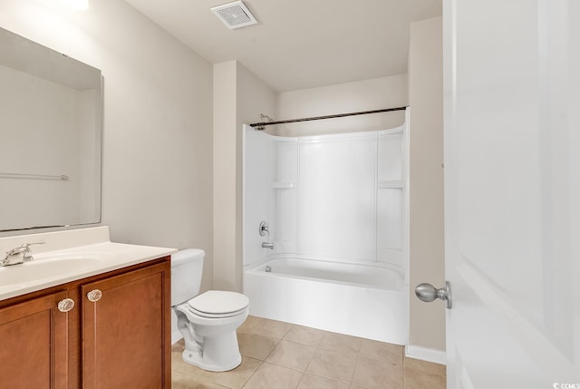 full bathroom with tile patterned flooring, toilet, vanity, visible vents, and shower / bathing tub combination