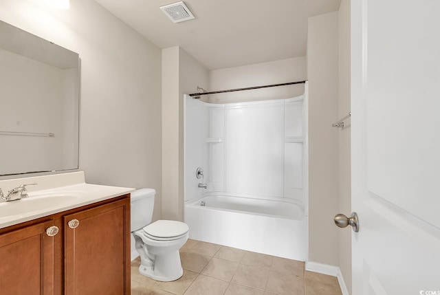 bathroom with shower / bathtub combination, visible vents, toilet, vanity, and tile patterned flooring