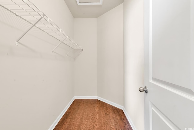 walk in closet with dark wood finished floors and attic access