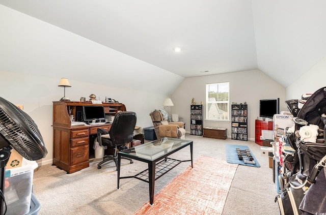 1881 Moonseed Dr, Longs, SC 29568 - home office featuring light colored carpet, lofted ceiling, and baseboards