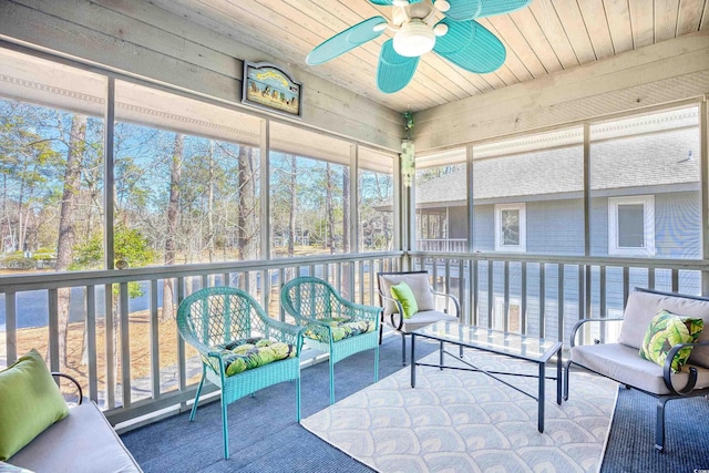 sunroom with wooden ceiling and ceiling fan