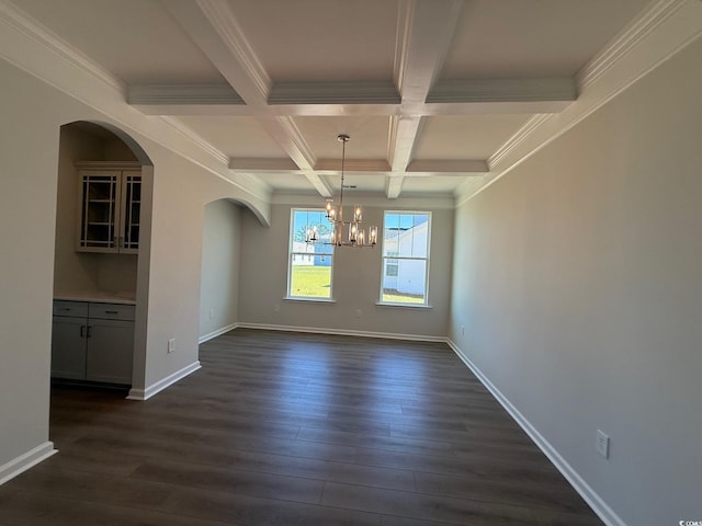 4008 Bucolic Loop, Myrtle Beach, SC 29588 - unfurnished dining area with a chandelier, dark wood finished floors, beam ceiling, arched walkways, and coffered ceiling