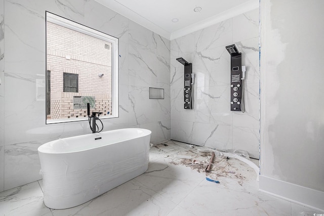 1217 Bentcreek Ln, Myrtle Beach, SC 29579 - full bathroom with marble tiled flooring, a soaking tub, a marble finish shower, and crown molding