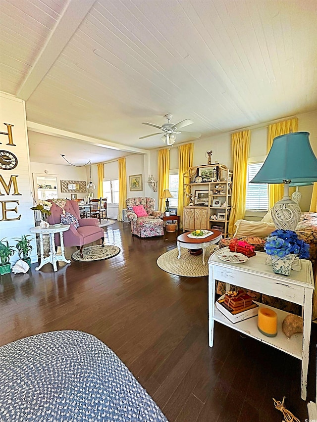 living room with a ceiling fan, wooden ceiling, and wood finished floors