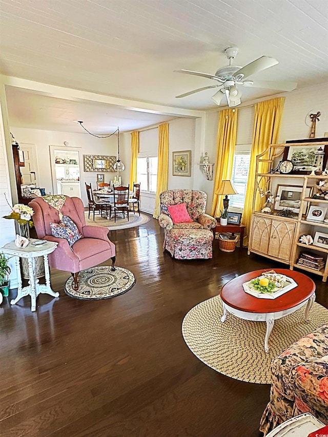 living area with a ceiling fan and wood finished floors