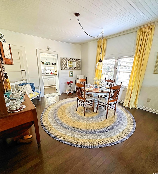 dining room featuring wood ceiling and wood finished floors