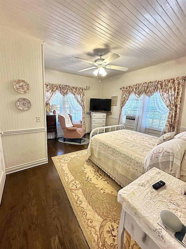 bedroom with wooden ceiling, ceiling fan, and dark wood-style flooring