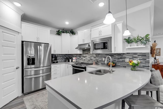 kitchen with a peninsula, a sink, light countertops, under cabinet range hood, and appliances with stainless steel finishes