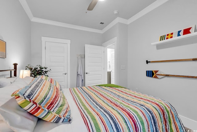 bedroom with visible vents, ceiling fan, and ornamental molding