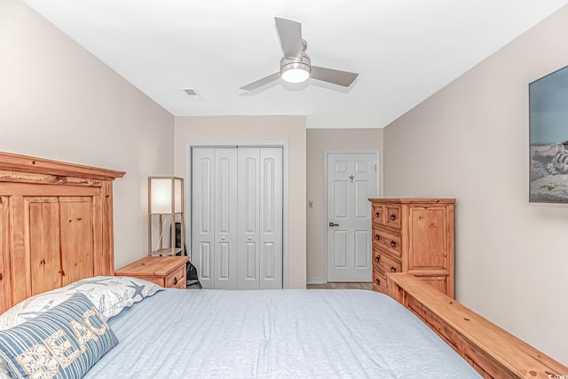 bedroom with a ceiling fan, a closet, and visible vents