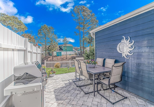 1006 Charles St, North Myrtle Beach, SC 29582 - fenced backyard with area for grilling, a patio, and outdoor dining space