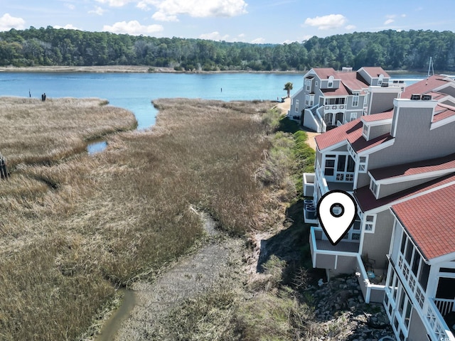 drone / aerial view featuring a view of trees and a water view