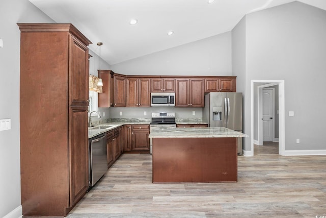 108 Silver Peak Dr, Conway, SC 29526 - kitchen with appliances with stainless steel finishes, high vaulted ceiling, a sink, a kitchen island, and decorative light fixtures