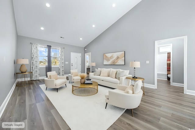 108 Silver Peak Dr, Conway, SC 29526 - living room with baseboards, high vaulted ceiling, light wood finished floors, and recessed lighting