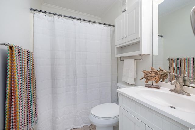 bathroom with vanity, toilet, and crown molding