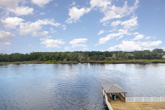 dock area with a view of trees and a water view