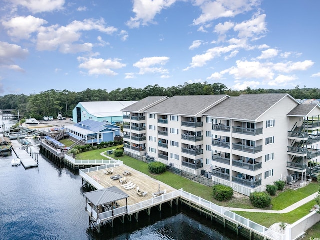 drone / aerial view with a water view