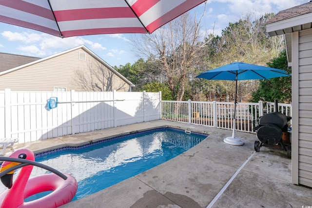 view of swimming pool featuring a fenced backyard, a patio area, and a fenced in pool