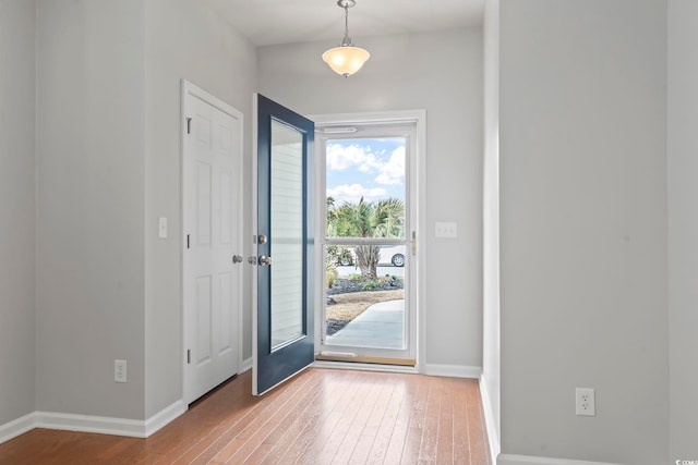 entryway with baseboards and wood-type flooring