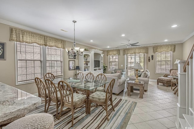 dining space featuring light tile patterned floors, recessed lighting, baseboards, and ornamental molding