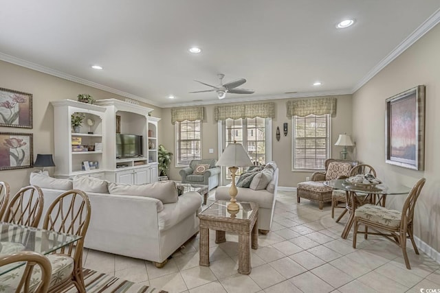 living area with light tile patterned floors, recessed lighting, baseboards, and ornamental molding