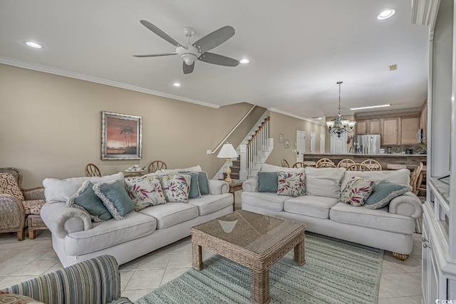 living area with stairway, light tile patterned flooring, recessed lighting, and ornamental molding