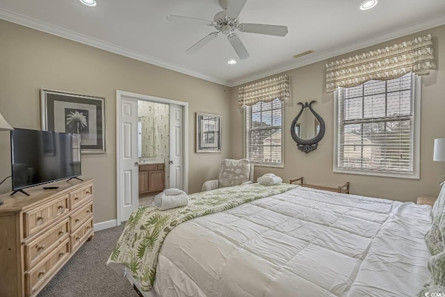 bedroom with dark colored carpet, baseboards, ornamental molding, and recessed lighting