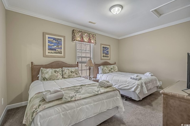 bedroom with visible vents, baseboards, carpet, and ornamental molding