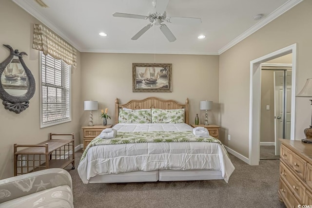 carpeted bedroom with recessed lighting, baseboards, and ornamental molding